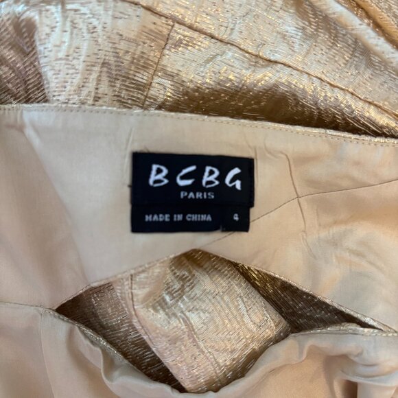 BCBG Gold Brocade Mini Dress – Adjustable Straps, Fully Lined, Elegant Cutout 4 - Picture 8 of 11